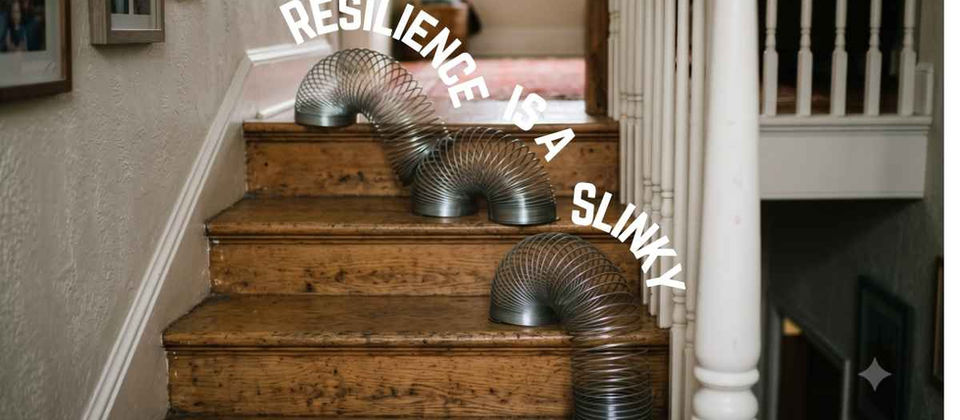A Slinky toy flexibility navigating down a set of stairs, illustrating Jo Lodder’s keynote analogy: 'Resilience is like a Slinky.' The image symbolizes a leader’s dynamic adaptability, showing that building winning teams requires bending without breaking, maintaining momentum, and moving forward 'no matter the conditions.