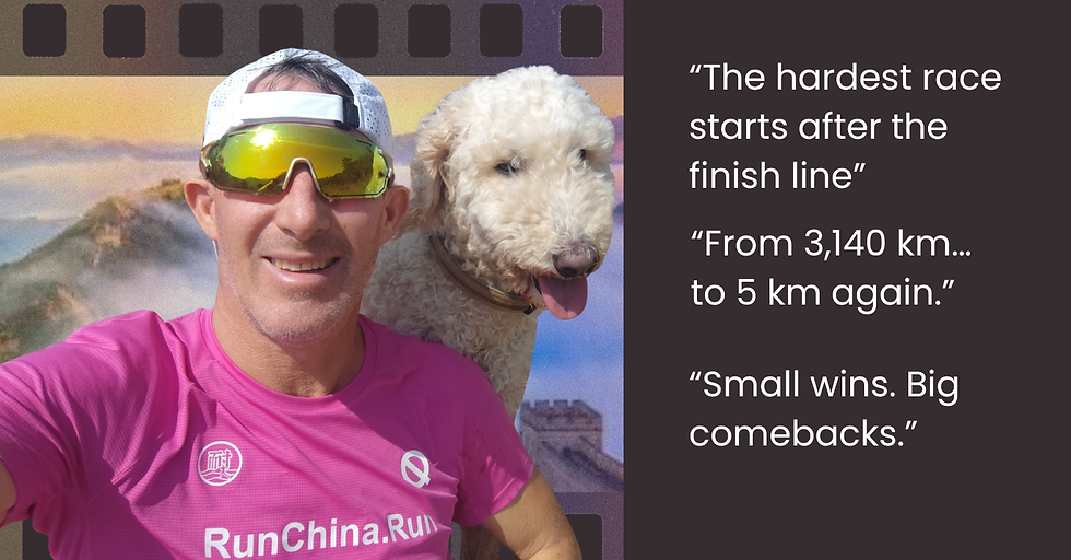 "Jo Lodder with dog Simba on the Great Wall of China - Recovering momentum after success after 3140km ultra run"